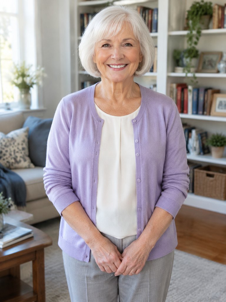Older woman with a short white bob and a lavender cardigan, framed to the waist, hands in view